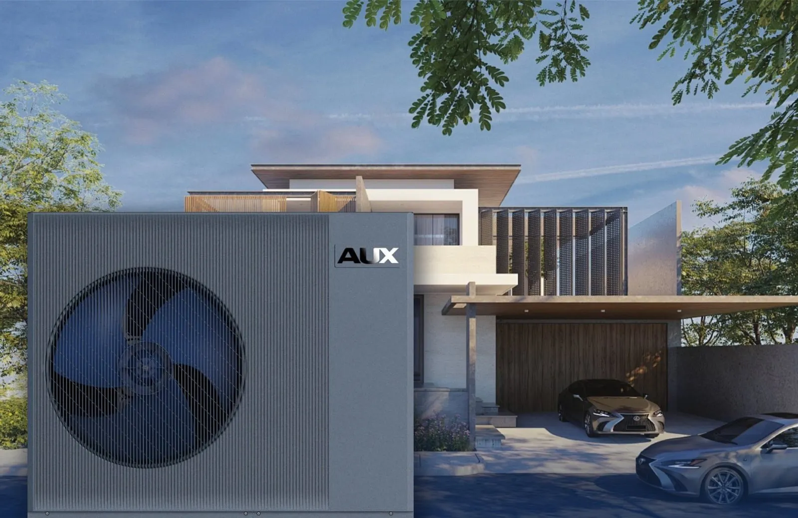 AUX R290 monobloc heat pump outside a modern home
